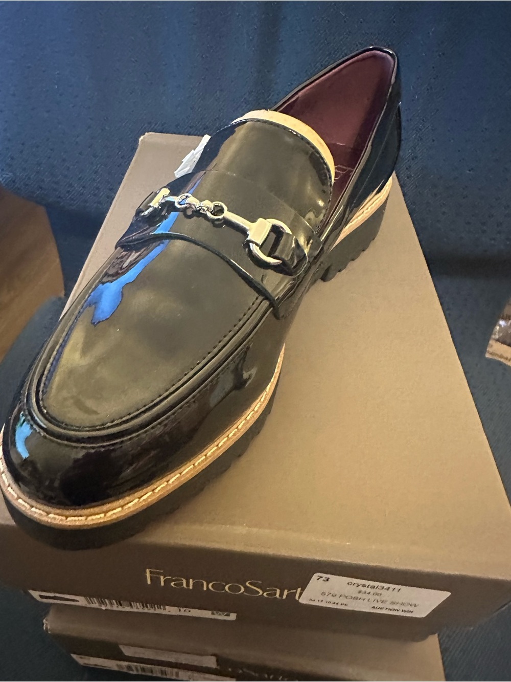 Franco Sarto Navy Patent Leather Bit Loafer with Tan welt